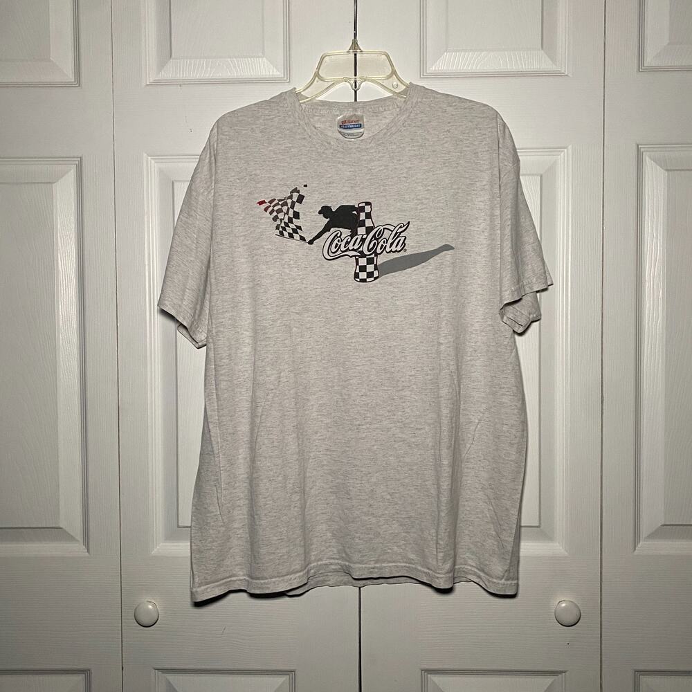 Vintage Coca Cola Y2K Racing T Shirt Mens XL Ash Grey Checkered Flag Graphic Tee